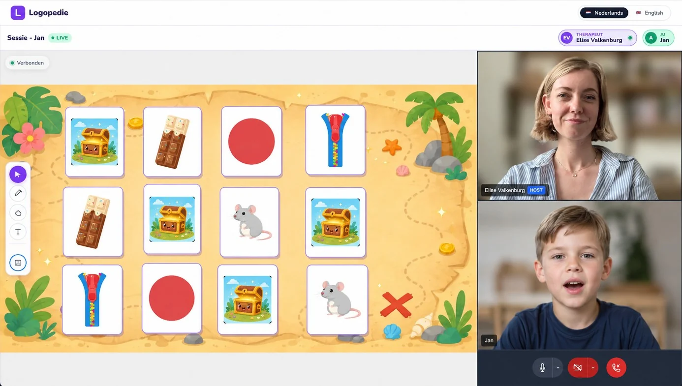A live online session in Elise's own therapy platform, with a sound game on screen